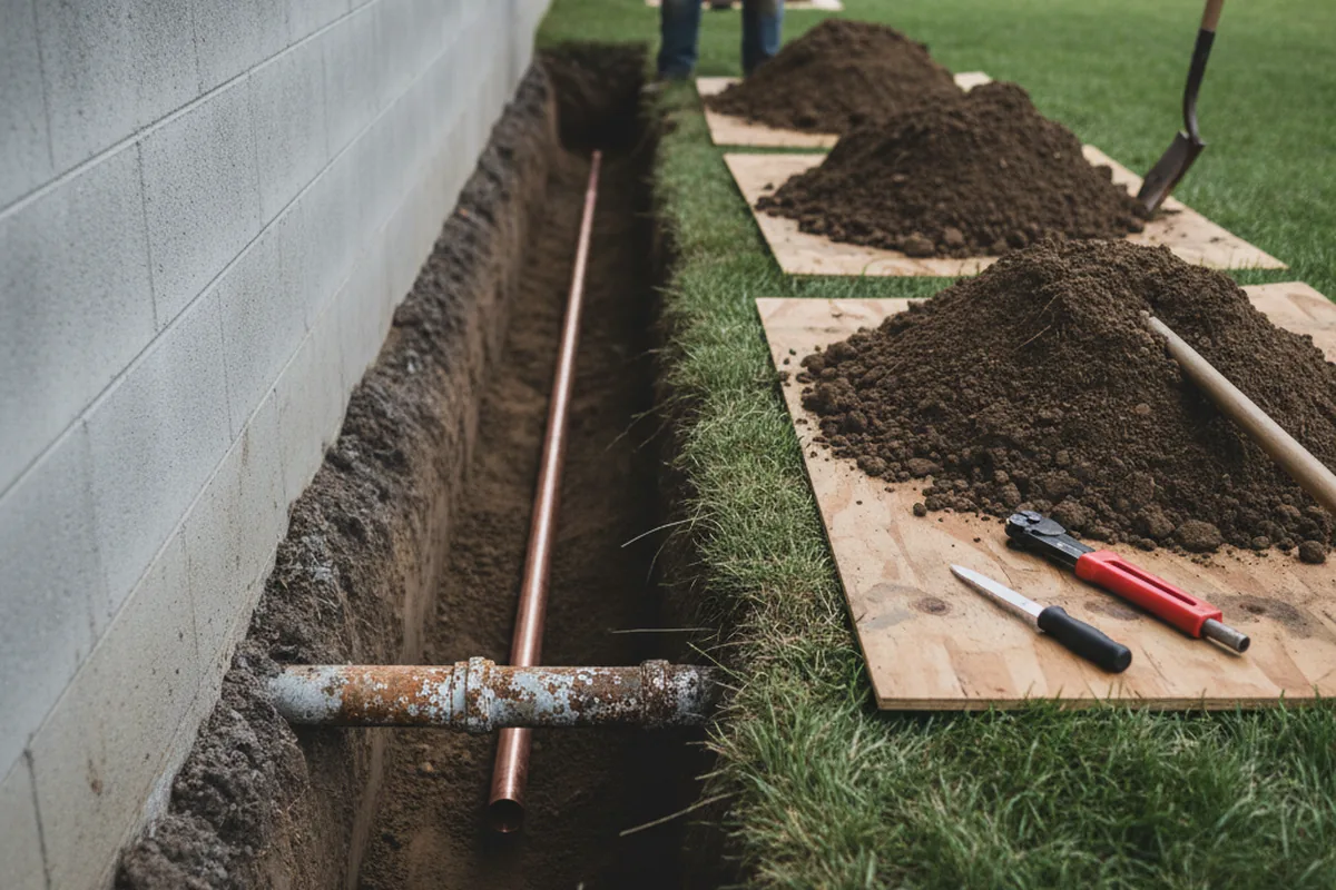 Excavated water line trench during Water Heater Repair in Moodus